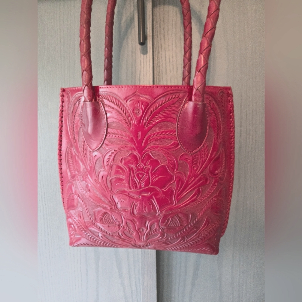 Elegant Dark Red Embossed Leather Tote